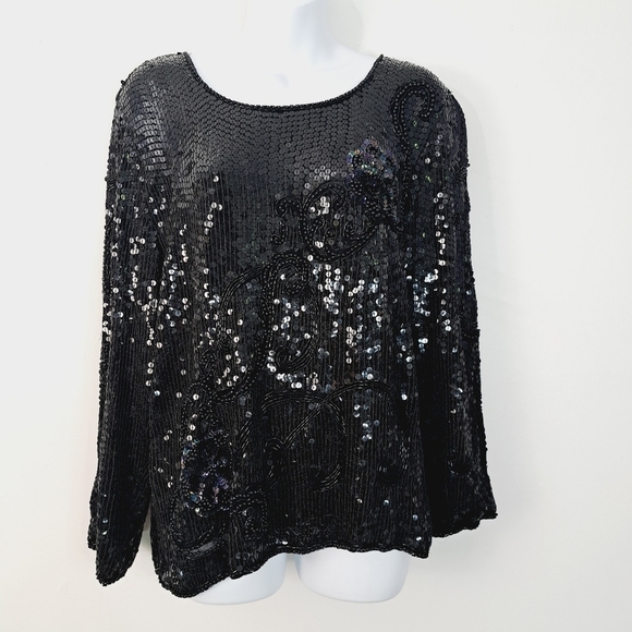 Royal Feelings Black Silk All Over Sequin‎ Vintage  Evening Top - Picture 1 of 7